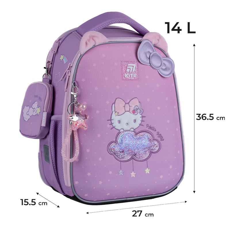 Лавандовий рюкзак Kite HK25-555S Hello Kitty 14 л, розміри 36,5×27×15,5 см – легкий, місткий і стильний для першокласниці.
