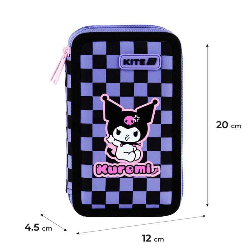 Розміри пенала Kite Kuromi HK25-623: висота 20 см, ширина 12 см, глибина 4,5 см, шаховий малюнок.