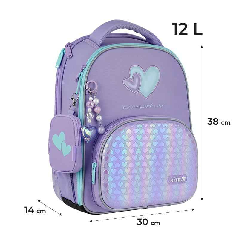 Рюкзак KITE K25-556M-1 з розмірами 38x30x14 см, місткість 12 л, підходить для дітей від 130 см до 145 см.