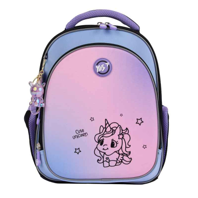 Фронтальний вигляд рюкзака YES S-109 Cute Unicorn з рожевим єдинорогом і логотипом YES