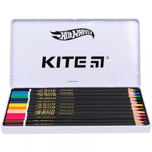 Карандаши цветные трёхгранные Kite Hot Wheels HW21-058, 12 цветов, металлический пенал