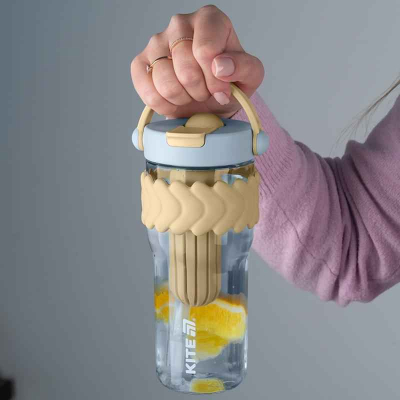 Стакан для води з трубочкою Kite K25-1231-1, 900 мл, бежево-блакитний