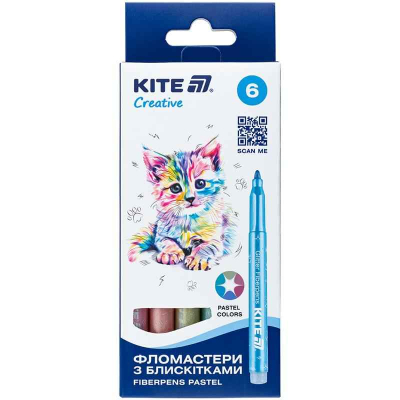 Фломастеры с блёстками Kite Creative K-1148, 6 цветов, пастель